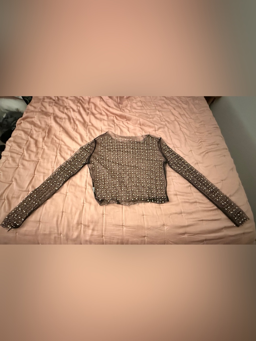 Pearl and Rhinestone Black Mesh Crop Top